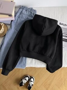 SHEIN 少女寬鬆休閒基本款極簡舒適街頭風連帽修身前短後長長袖冬季外套 白色 秋季 - 黑色 - 查看 2