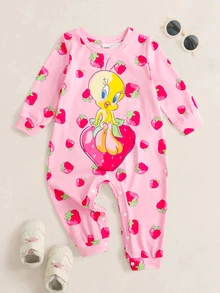 LOONEY TUNES X SHEIN Baby Girl Cartoon Print Casual Daily Long Sleeve Jumpsuit - Pink - View 1