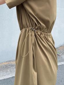 FRIFUL Women's Solid Color Round Neck Short Sleeve Zipper Front Casual Jumpsuit Fall - Brown - View 7