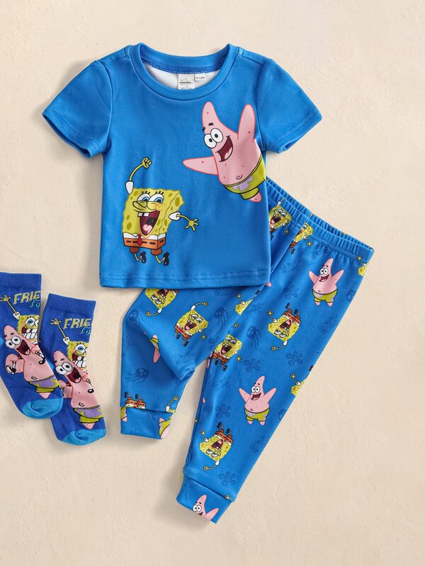SpongeBob SquarePants | SHEIN Ensemble de détente pour bébé garçon avec Top à manches courtes imprimé de dessins animés et pantalon long ajusté