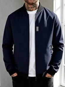 Manfinity Homme 男士字母貼布長袖拉鍊休閒棒球夾克 - 藏蓝色 - 查看 1