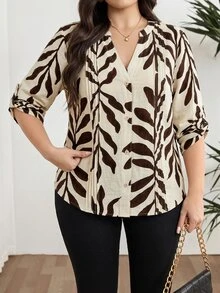 Modelyn Plus Size Women's Leaf Print Casual Versatile Daily Wear Shirt - Multicolor - View 6