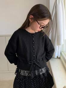 Dazy Kids Tween Girl Autumn/Winter Casual Lace Patchwork Cardigan - Black - View 3