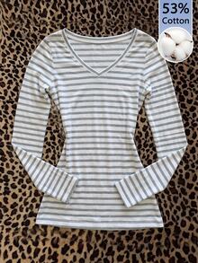SHEIN EZwear 53%棉 灰色與白色條紋休閒百搭女款V領簡約修身長袖T恤，適合秋冬，百搭內搭層 - 彩色 - 查看 1