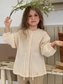 Dazy Kids Young Girls Loose Long Sleeve Autumn/Winter Cinched Waist Tie-Front Cardigan Thick Sweater - Apricot - View 3