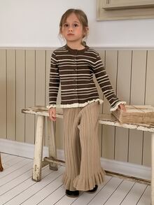 Hapijoa Young Girls' Striped Color Block Frill Trim Basic Short Cardigan Sweater, Autumn/Winter - Brown - View 4