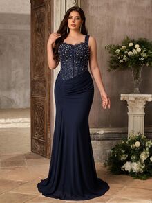 Aureia Plus Size Elegant Romantic Sweetheart Neckline Spaghetti Strap Luxury French Lace Sheer Mesh Patchwork Knit Fabric Ruched Waist A-Line Evening Dress For Wedding Party Celebration Formal Event Gala (Intricate Design) - Navy Blue - View 7