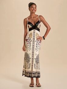 Travachic Elegant Floral Print Lace Patchwork Spaghetti Strap Dress - Multicolor - View 3