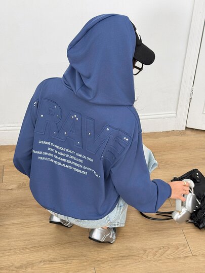SHEIN Veste sweat-shirt à capuche zippée style vintage de rue bleu brume pour femmes, coupe ample avec broderie de patchs de lettres, convient pour les trajets quotidiens, les sorties décontractées, le port sur le campus et la superposition en automne/hiver