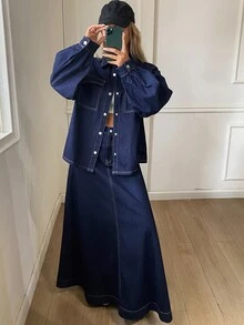 DAZY طقم كاجوال نسائي من الجينز للخريف، قميص بأكمام طويلة وأزرار أمامية وتنورة - الأزرق - مشاهدة 3