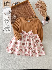 SHEIN 女嬰 0-3歲 春/秋季可愛針織長袖拼接花卉洋裝，適合上學、外出及多種場合 - 彩色 - 查看 1