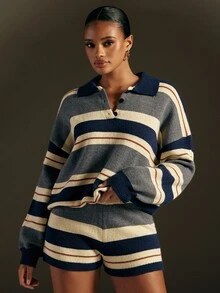 Hauture Women's Colorblock Striped Polo Dropped Shoulder Sweater And Shorts 2-Piece Set, Loose Long Sleeve Knit Pullover Matching Outfit, Casual Set - Multicolor - View 3