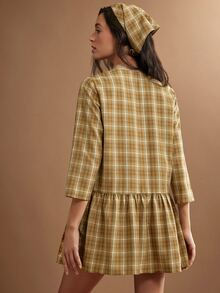 WESTFADE Button Front 3/4 Sleeve Plaid Babydoll Mini Dress & Matching Headscarf, Fall Winter 2026 Western Style Cowgirl Clothing, Rodeo, Female Country Look - Brown - View 3