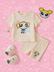 THE POWERPUFF GIRLS X SHEIN Baby Girl Cartoon Print Short Sleeve T-Shirt And Shorts Set - Apricot - View 1
