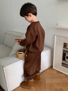 Dazy Kids Young Boy Coffee-Colored Knit Letter Print Sweatshirt And Sweatpants Set Hoodies - Coffee Brown - View 4