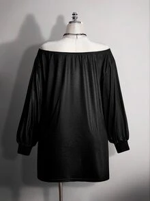 SHEIN ICON 大尺碼 Y2K 骷髏印花寬肩開衩迷你洋裝，萬聖節露肩洋裝 - 黑色 - 查看 10