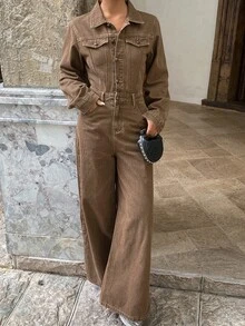 DAZY Women's Casual Brown Denim Jumpsuit Long Sleeve Tops - Brown - View 6