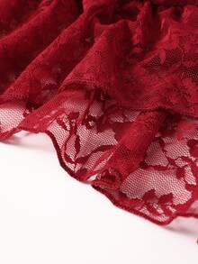Rometta Plus Size Velvet Contrast Lace Cold Shoulder Top, Extra Long Bell Sleeves, Women's Blouse For Halloween, Red Party Evening Summer Goth Elegant - Burgundy - View 6