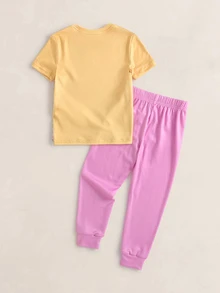TOM & JERRY X SHEIN Young Girl Letter Print Short Sleeve T-Shirt And Long Pants Loungewear Set - Pink - View 2
