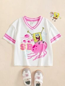 SpongeBob SquarePants | SHEIN Young Girl V-Neck Short Sleeve Casual Versatile T-Shirt - White - View 1