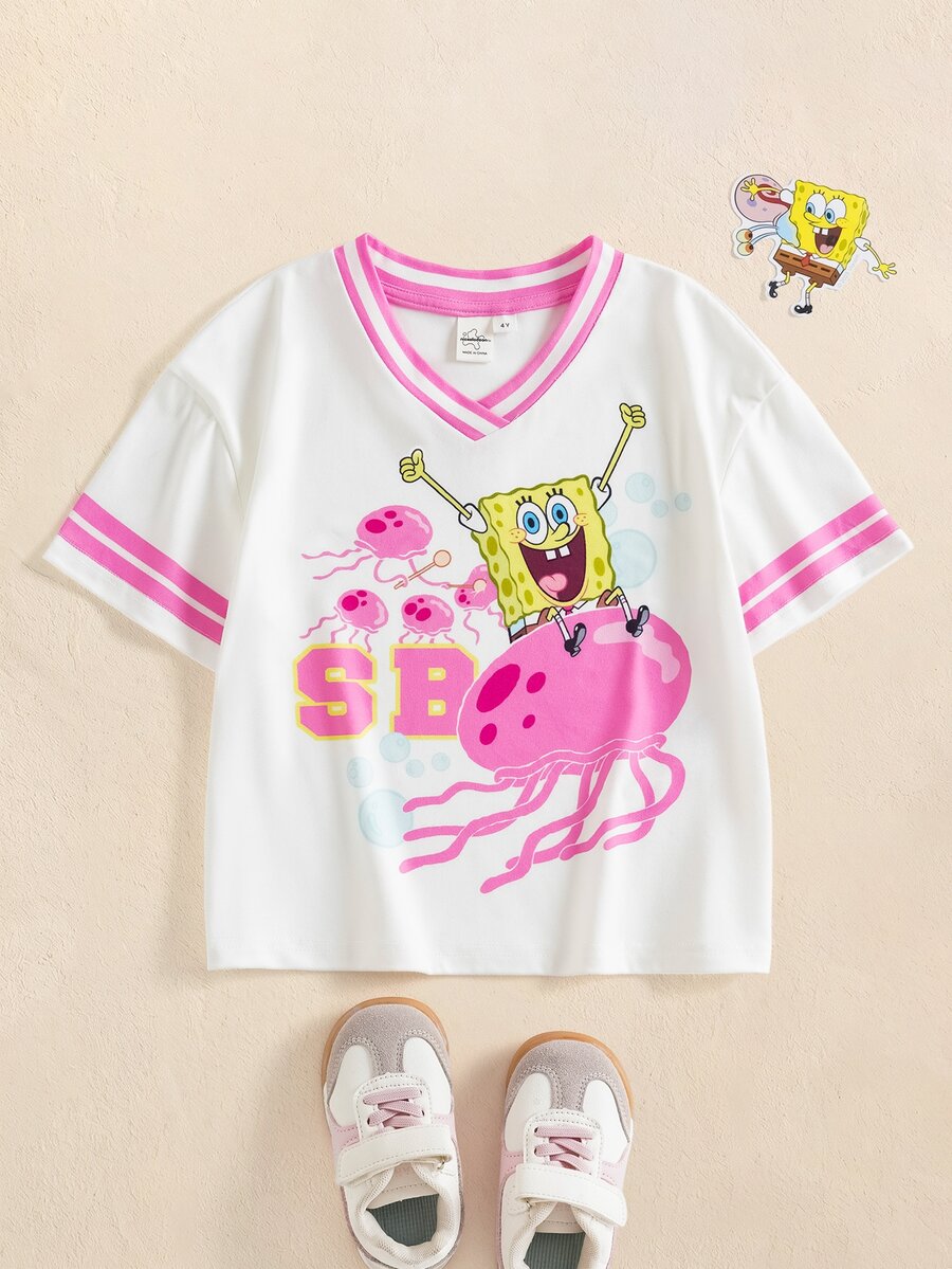 SpongeBob SquarePants | SHEIN Young Girl V-Neck Short Sleeve Casual Versatile T-Shirt - White - View 1