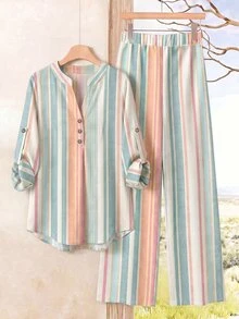 EMERY ROSE Colorful Striped Shirt And Long Pants 2 Pieces Set, Plus Size, Suitable For Early Autumn Outings - Multicolor - View 1