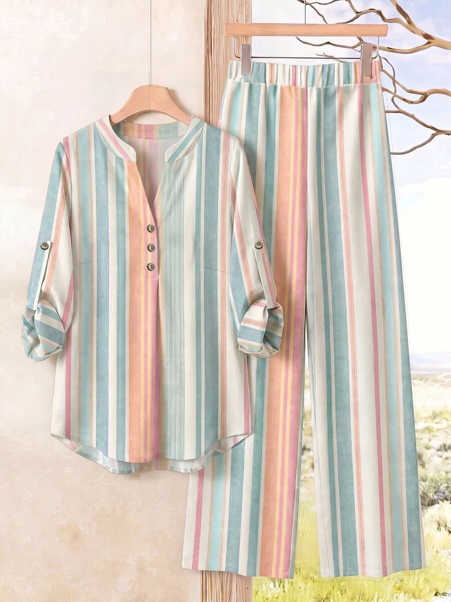 EMERY ROSE Colorful Striped Shirt And Long Pants 2 Pieces Set, Plus Size, Suitable For Early Autumn Outings - Multicolor - View 1