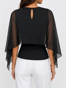 Ritzy Row Women's Solid Color Round Neck Asymmetric Design Fashion Elegant Top - Black - View 2