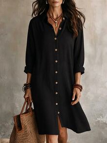 SHEIN LUNE Women's Black Long Sleeve Button Decor Dress Vacation Autumn Casual Basic - Black - View 1