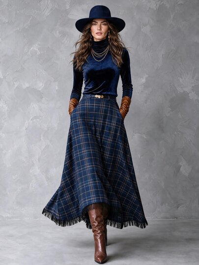 Solivie Women's Autumn Navy Blue Plaid Asymmetrical Hem Skirt Autumn Outfit  Cowgirl Outfits For Women  Concert Outfit For Women Fringe Dress