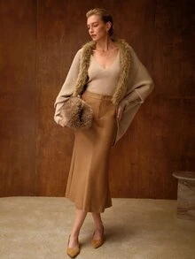 MOTF PREMIUM WOMEN'S ELEGANT KHAKI PATCHWORK FAUX FUR SHAWL CARDIGAN - Khaki - View 2