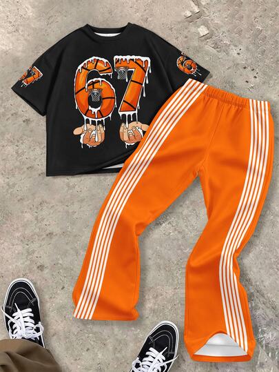 Tween Boy Casual Comfortable Fashion Minimalist Crew Neck Short Sleeve Flare Pants T-Shirt Set, 67 Pattern, Basketball, Halloween