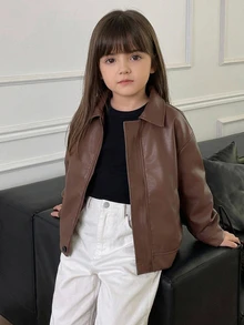 Hapijoa Young Girls' Brown Lapel Autumn/Winter Casual PU Leather Jacket - Brown - View 1