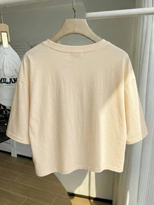 SHEIN EZwear 休閒簡約鮮豔杏色印花圖案圓領短袖短版女款T恤，適合夏季 - 杏色 - 查看 2
