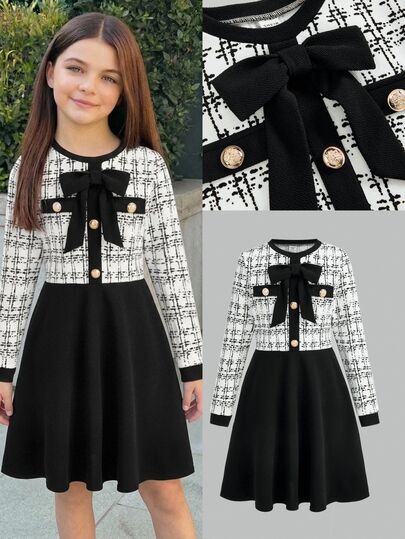 Firerie Kids Tween Girl Autumn/Winter Casual Commute School Elegant Plaid Print Black & White Color Block Button Bow Decor Long Sleeve Dress, Formal Occasion, Graduation Party
