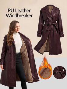 SHEIN Clasi Angola Red PU Leather Long Trench Coat - Burgundy - View 1