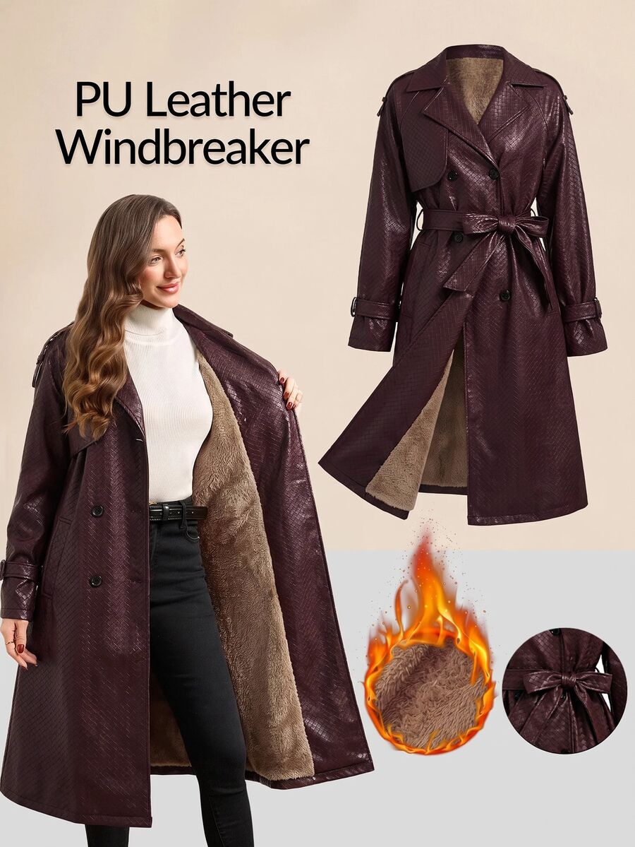 SHEIN Clasi Angola Red PU Leather Long Trench Coat - Burgundy - View 1