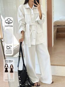 Dazy Tall Women's Waist-Cinched Loose Blouse And Loose Straight-Leg Pants Casual 2 Pieces Denim Set - White - View 1