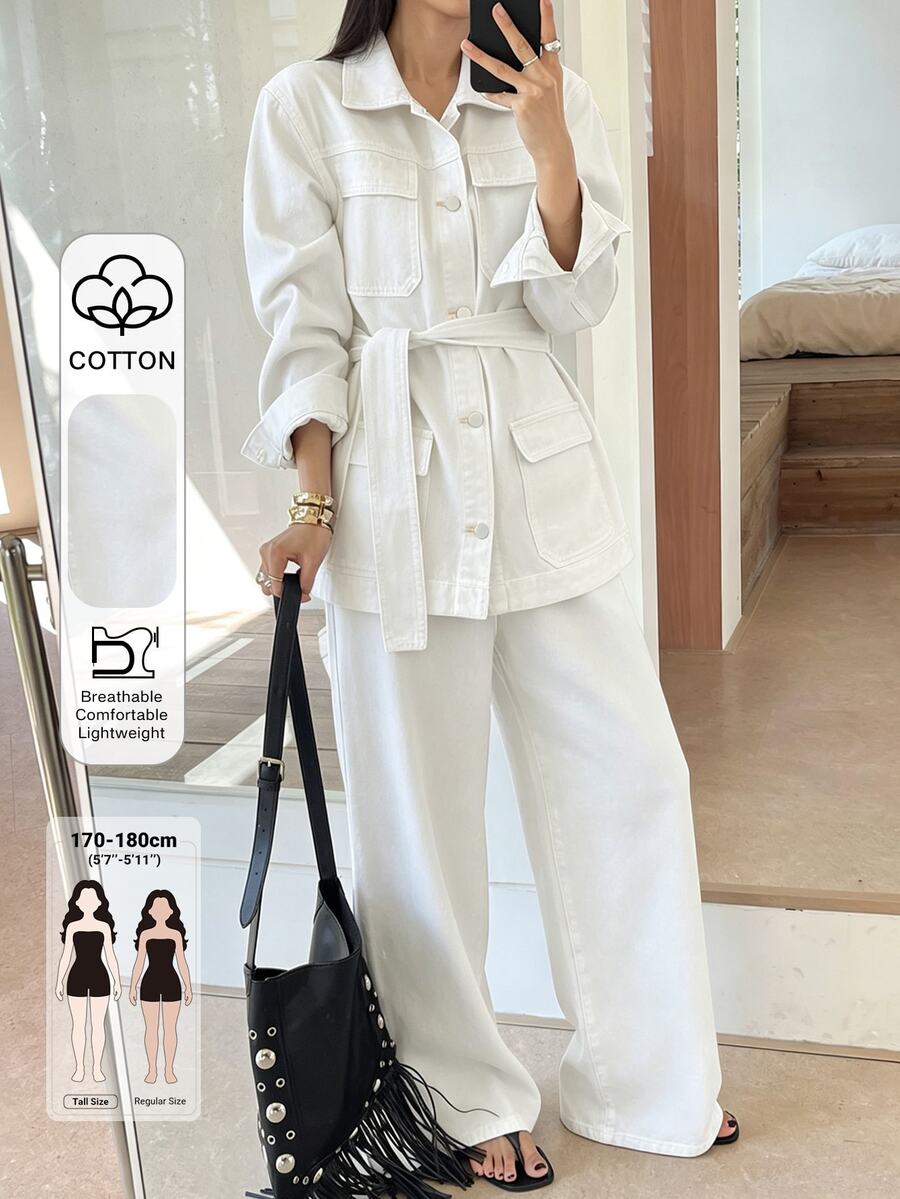 Dazy Tall Women's Waist-Cinched Loose Blouse And Loose Straight-Leg Pants Casual 2 Pieces Denim Set - White - View 1