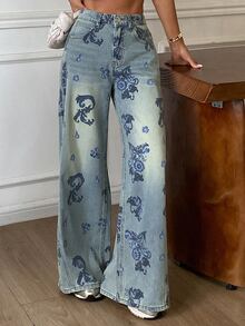 DAZY Women's Floral Print Straight Leg Street Casual Denim Jeans Summer Everyday Blue Floral - Light Wash - View 5