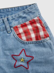 ROMWE Avant Y2K Street Casual Plaid Fun Star Embroidery Low Waist Retro Women's Cropped Wide Leg Denim Jeans - Blue - View 4