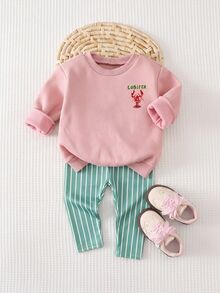 SHEIN Conjunto de sudadera con estampado de dibujos animados & pantalones a rayas para bebé niña - Rosa - Ver 4
