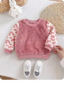 SHEIN Baby Girl Winter Warm Cow Print Patchwork Sweatshirt - Pink - View 1