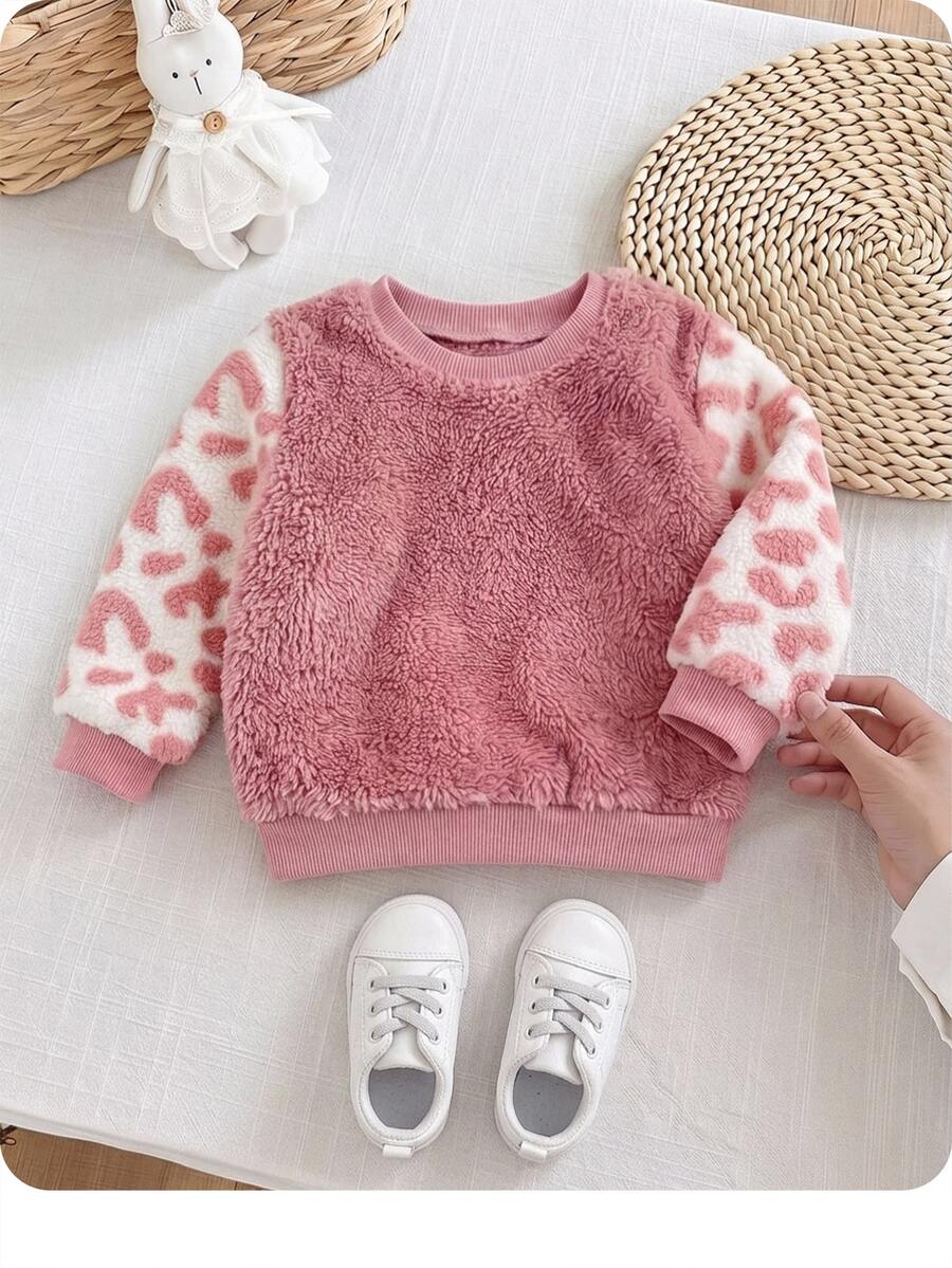 SHEIN Baby Girl Winter Warm Cow Print Patchwork Sweatshirt - Pink - View 1