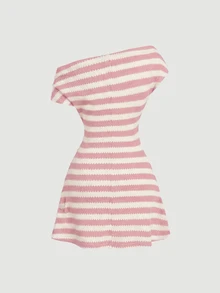 SHEIN MOD 條紋不對稱領修身度假迷你洋裝 - 粉色 - 查看 5