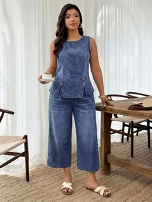EMERY ROSE EMERY ROSE Plus Size Button Asymmetrical Hem Tank Top And Loose 3/4 Length Pants With Pockets Denim 2 Pieces Set - Dark Wash - View 5