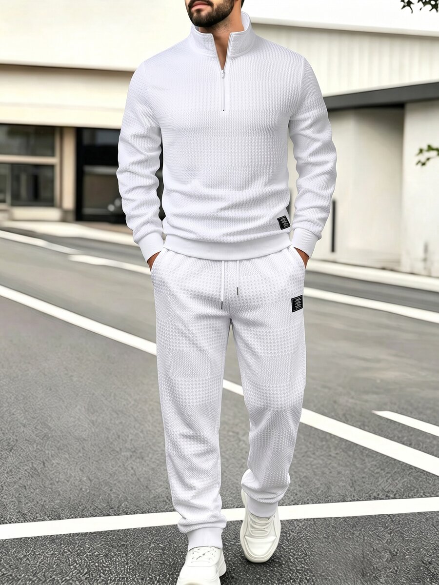 Manfinity Homme Men's Knitted Jacquard Solid Color Textured White Zipper Leather Patch Cuff Hem Leg Opening White Ribbed Pullover Sweatshirt Set - White - View 1