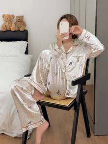 Napfluff Women's Faux Silk Printed Open Front Lapel Long Sleeve Long Pants Pajama Set - Champagne - View 4