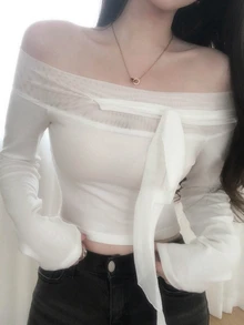 DAZY 甜美蕾絲網紗拼接露肩綁帶長袖T恤 秋季 - 杏色 - 查看 5