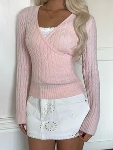 Autumina French Gentle Style Pale Pink Twisted Rope Wrap V-Neck High Waist Cropped Sweater For Women - Pink - View 4